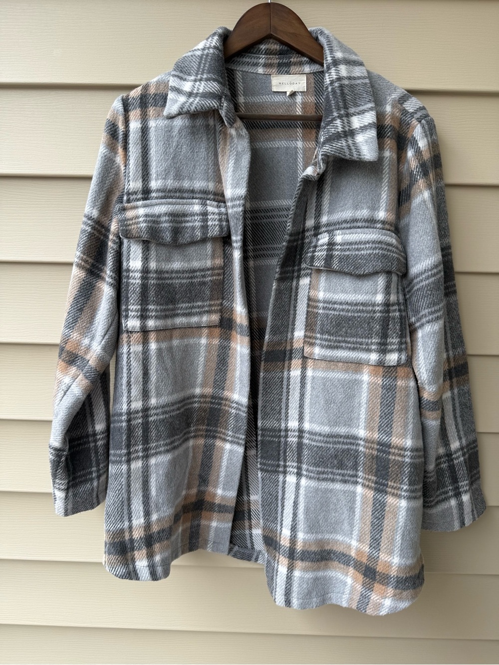 Melloday Plaid Shacket Jacket Large Gray Tan Oversized Shirt Jacket
